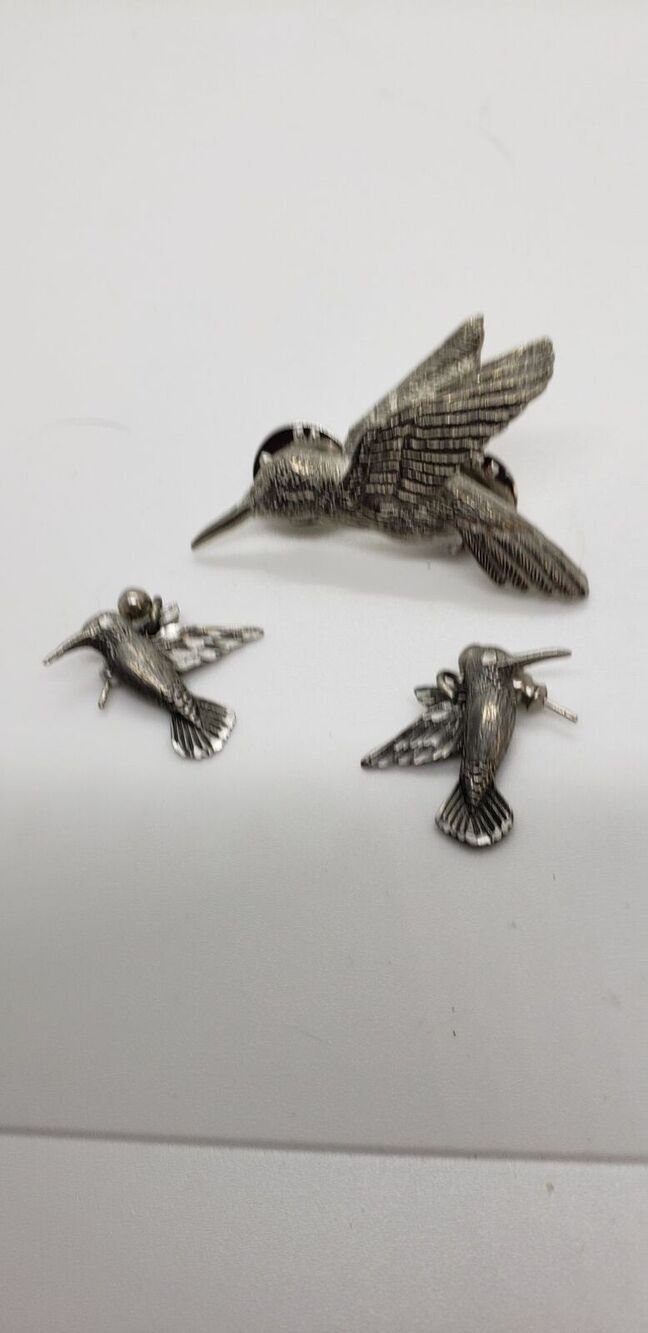 Pewter Hummingbird Brooch & Pierced Drop Earrings | Vintage Bird Set